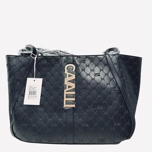 Cavalli Class Sandra Shopper Tote Bag Black Debossed Elegant Designer Handbag